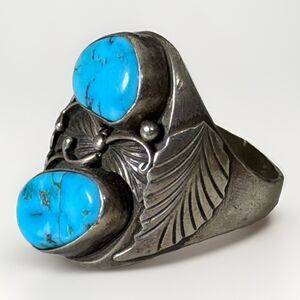 Vintage Native Signed Thomas J 2 Turquoise Stone Size 10.75 Ring